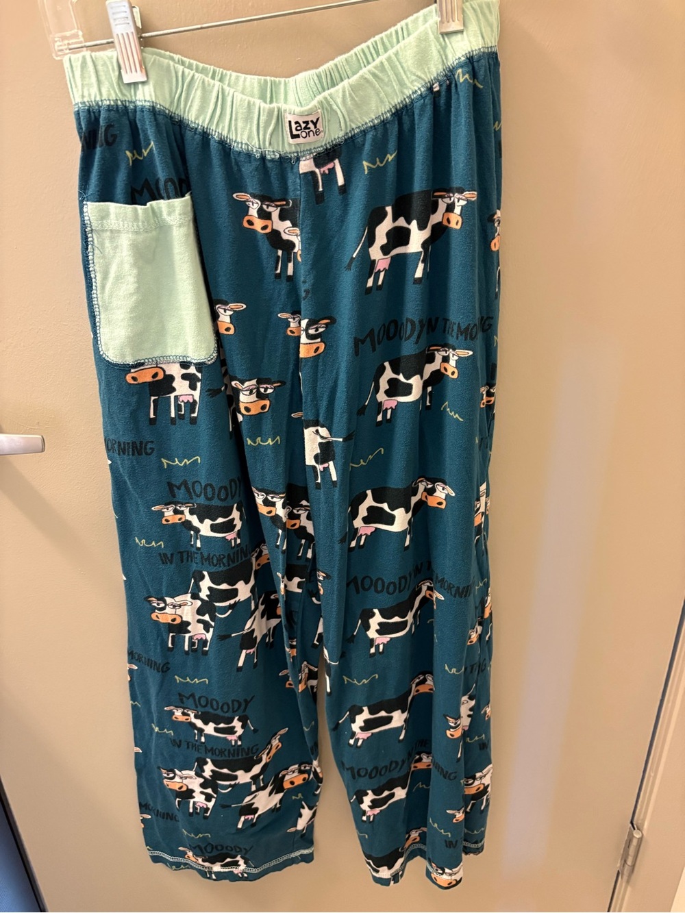Lazy One Teal Cow Prin Pajama Bottoms with Mint Trimu